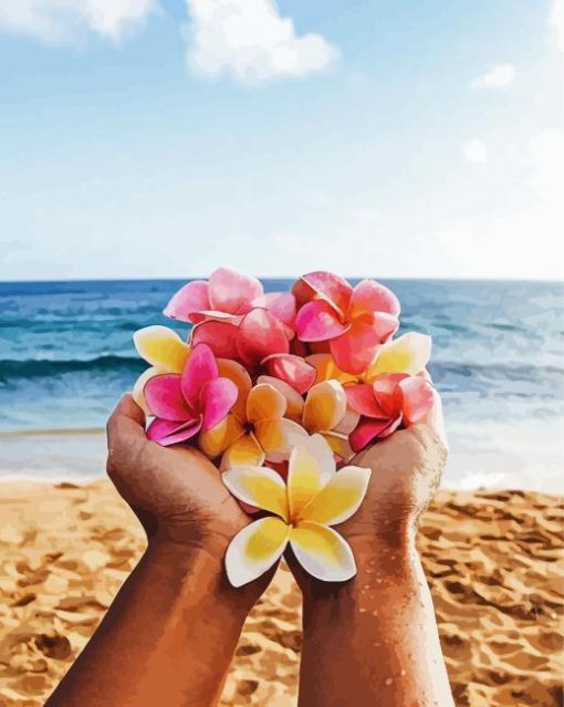 Pink And Yellow Flowers On Beach paint by number