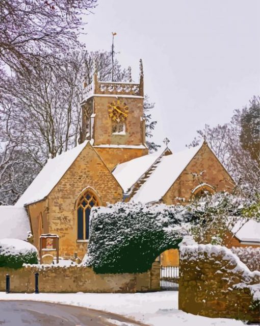 Snowy Village Church paint by number