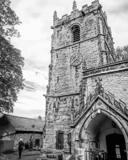 Village Church Black And White paint by number