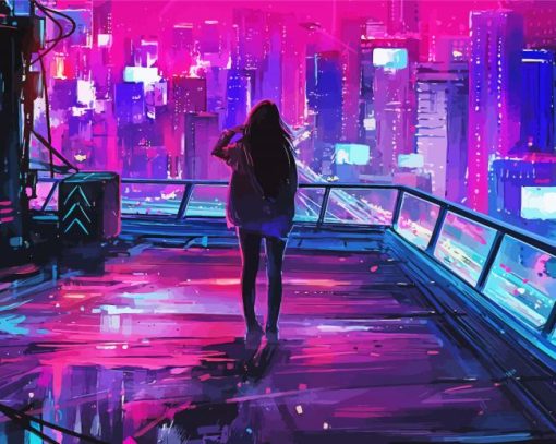 Woman In Cyberpunk City Paint by number