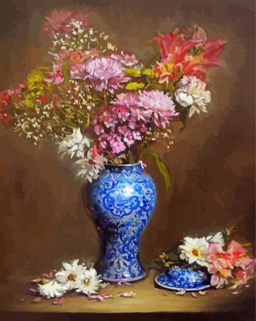 Aesthetic Blue And White Vase With Flowers Art paint by number