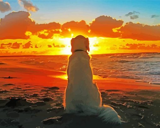 Dog On Beach Sunset Silhouette paint by number