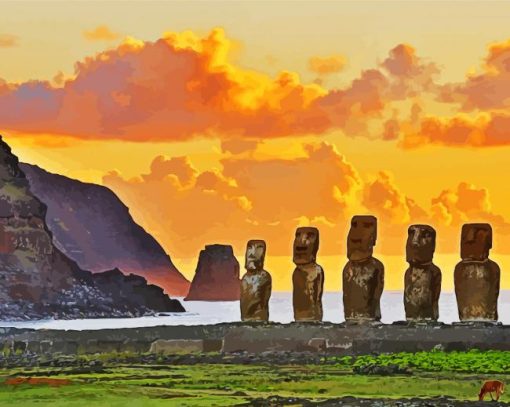 Easter Island Moai Statues At Sunset paint by number