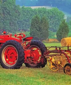 Red Tractor In Hay Field paint by number