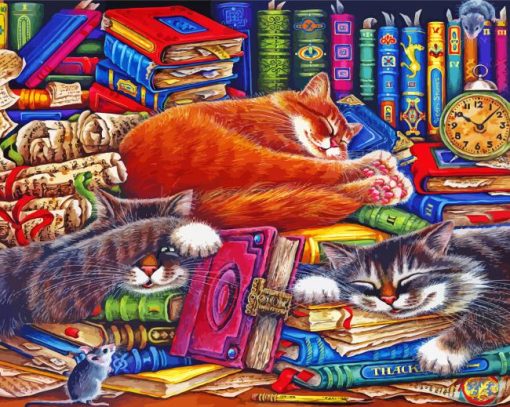 Sleepy Cats In Bookshelves paint by number