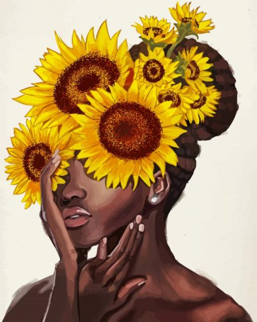 Sunflowers On Black Woman paint by number