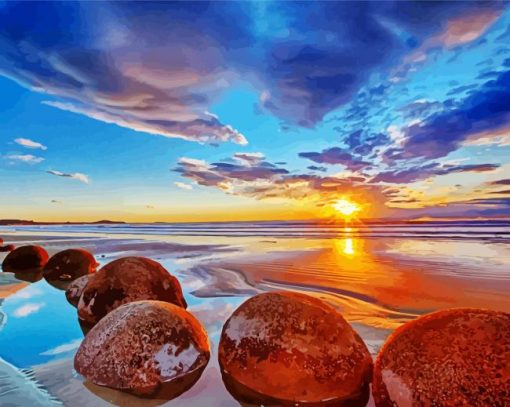 Moeraki Boulders New Zealand Sunset paint by number