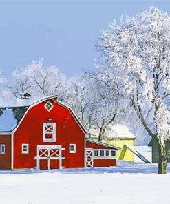 Red Barn With Winter Snow paint by number