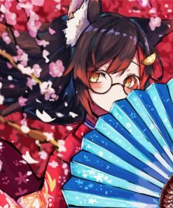 Anime Girl Holding Hand Fan Paint by number