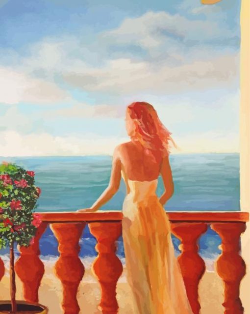 Lady In White On Balcony Art paint by number