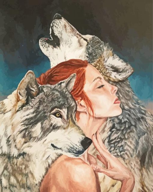 Two Wolves One Woman paint by number