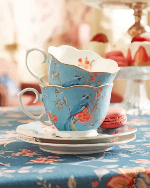 Blue Vintage Stacked Tea Cups Paint by number