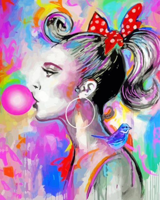 Colorful Girl Blowing Bubble Gum paint by number