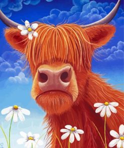 Highland Cow Art With Daisies paint by number