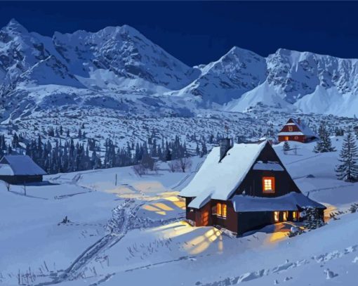 Mountain Hut In Snow paint by number