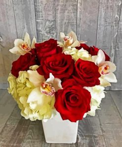 Red Roses And Orchids In Vase paint by number