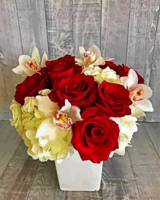 Red Roses And Orchids In Vase paint by number