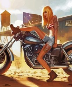 Beautiful Girl In Jeans On A Motorbike paint by number