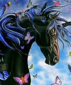 Black Unicorn And Butterflies paint by number