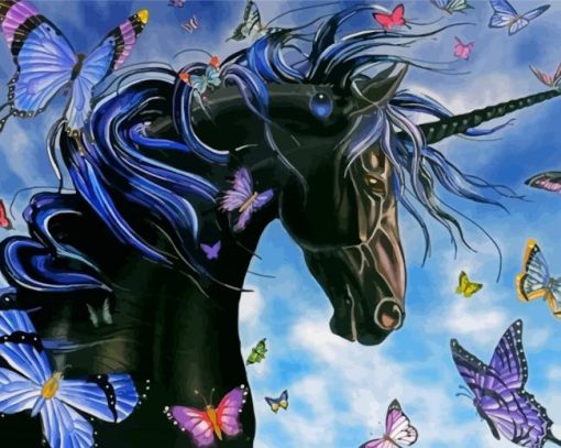 Black Unicorn And Butterflies paint by number