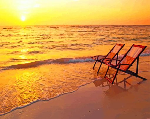 Deck Chairs On The Beach At Sunset paint by number