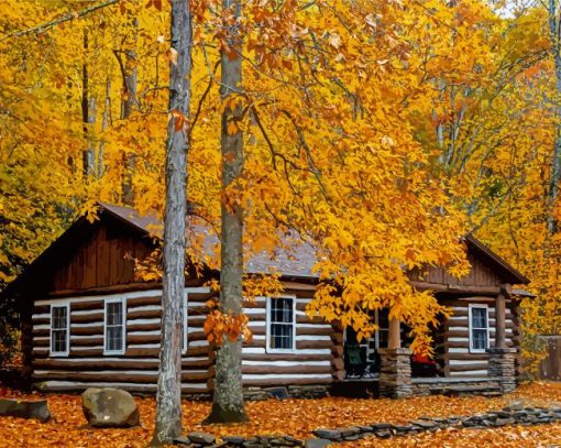 Fall Cabin Landscape paint by number