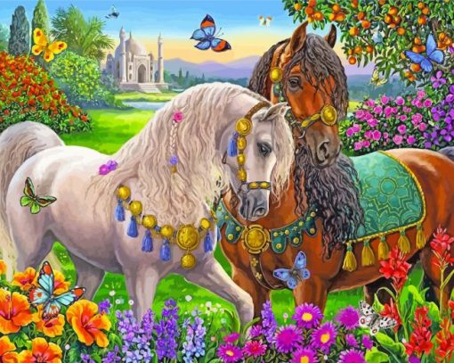 Horse Couple In Garden paint by number