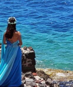 Lady In Blue Dress On Beach paint by number