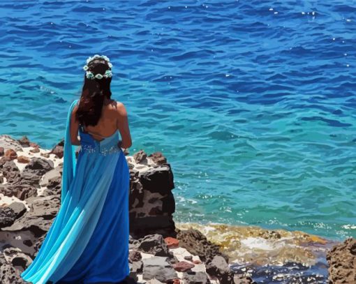 Lady In Blue Dress On Beach paint by number