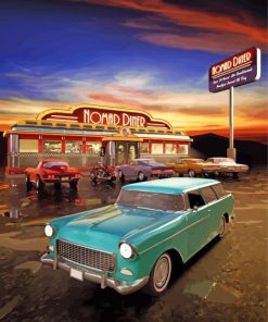 Old American Diners With Old Cars Outside paint by number