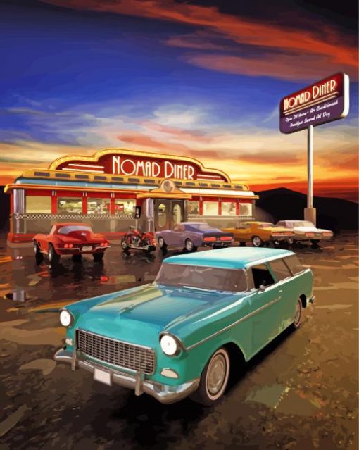 Old American Diners With Old Cars Outside paint by number