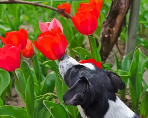 Puppy And Red Plant paint by number