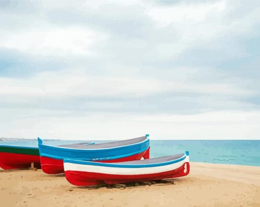 Row Of Wood Boats On Beach paint by number