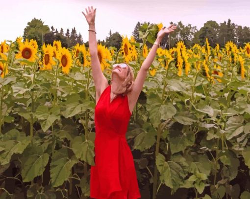 Sunflower Field With Lady paint by number