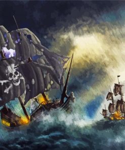 Fantasy Pirate Ships In Battle Under Rain paint by number