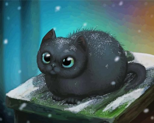 Fluffy Black Cat Under Snow Art Paint by number