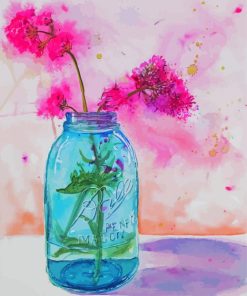 Pink Flowers In Blue Mason Jar Art paint by number