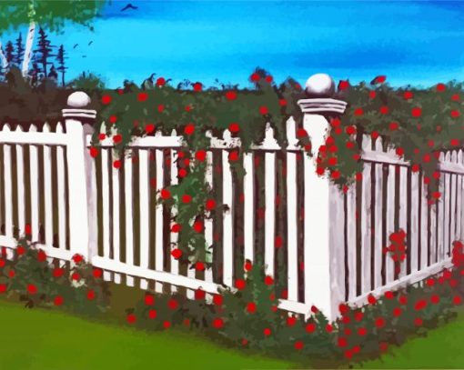 White Picket Fence With Roses Bushes Art paint by number