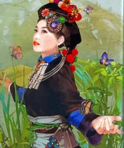 Girl In China Dress With Butterflies paint by number