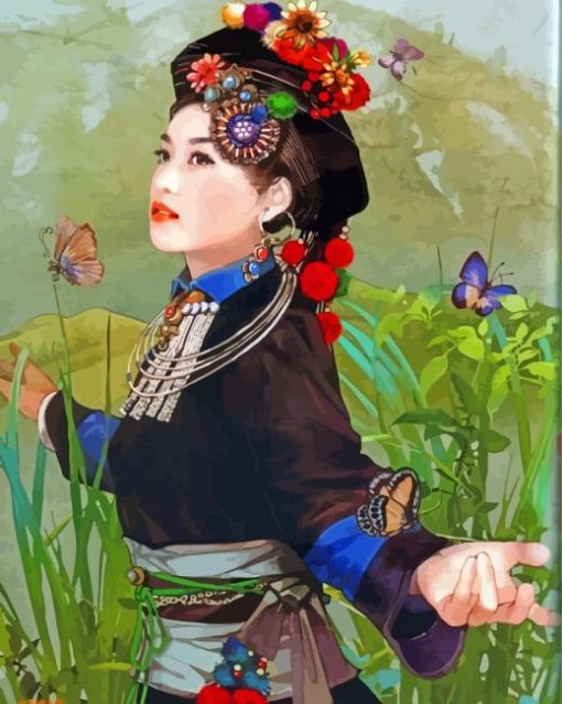 Girl In China Dress With Butterflies paint by number