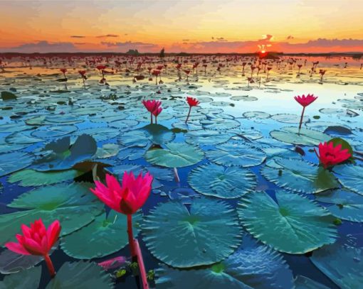 Nong Han Kumphawapi Lake And Flowers Paint by number