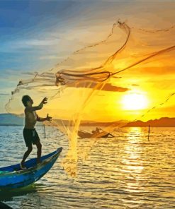 Aesthetic Man On Boat Fishing At Sunset paint by number