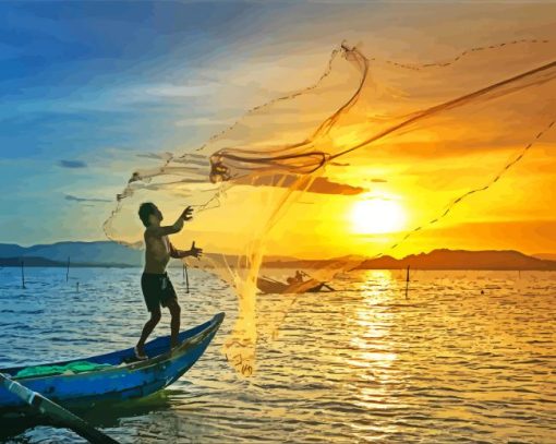 Aesthetic Man On Boat Fishing At Sunset paint by number