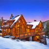 Cabin In The Mountains At Dusk Surrounded By Snow paint by number