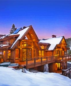 Cabin In The Mountains At Dusk Surrounded By Snow paint by number