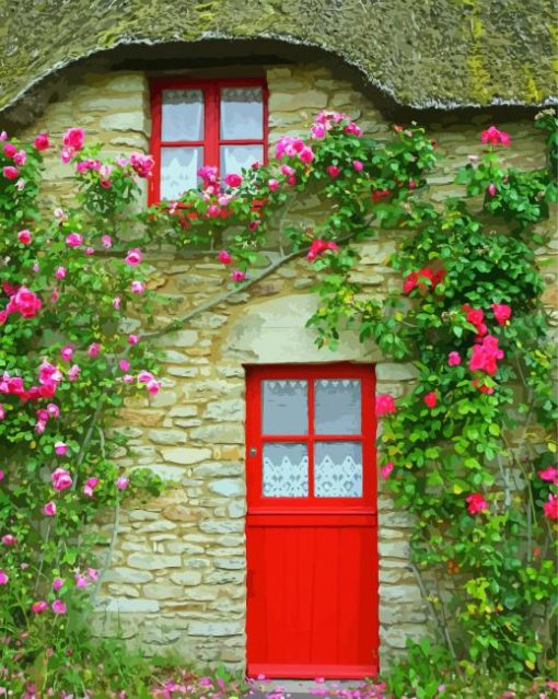 Red Flowering Door paint by number