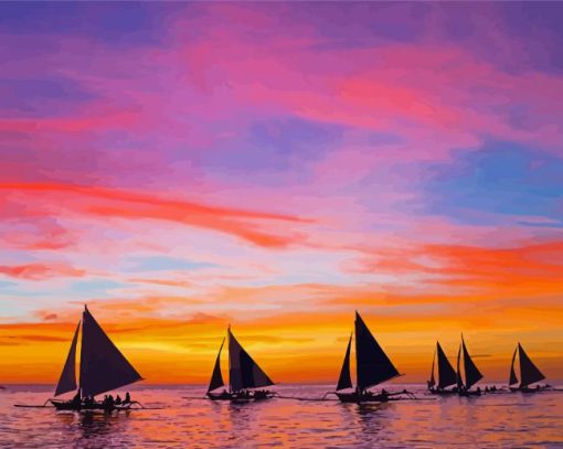 Sunset With Boats paint by number