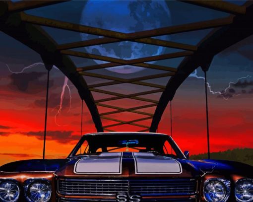 Classic Car And Sunset paint by number