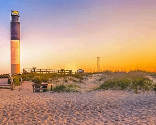 Sunset At Oak Island Lighthouse paint by number