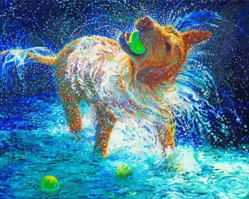 Wet Dog Shaking With Ball In His Mouth paint by number